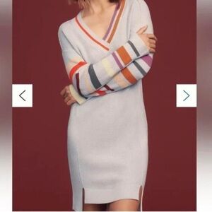 Daily Practice Ribbed Sweater Dress – Gray w/ Multicolor Stripe Trim